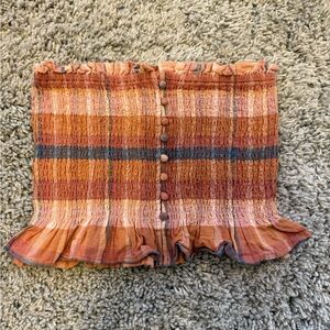 Ruffled Plaid Tube Top in Orange and Brown